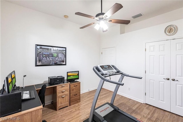 12020 Bramble Cove Dr, Fort Myers, FL 33905 - exercise area featuring baseboards, ceiling fan, visible vents, and light wood-style floors