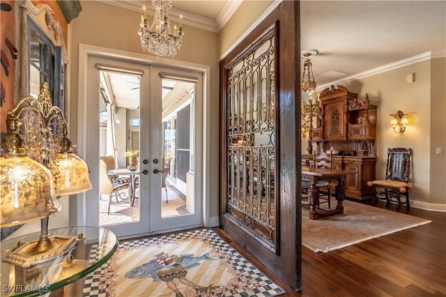 834 Coldstream Ct, Naples, FL 34104 - entryway featuring french doors, a chandelier, hardwood / wood-style flooring, ornamental molding, and baseboards