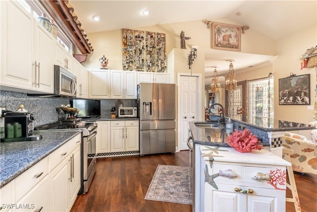 834 Coldstream Ct, Naples, FL 34104 - kitchen featuring stainless steel appliances, a sink, tasteful backsplash, dark wood finished floors, and a chandelier