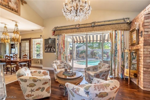 834 Coldstream Ct, Naples, FL 34104 - living area featuring a chandelier, lofted ceiling, dark wood-type flooring, and baseboards