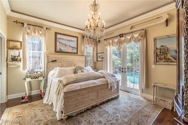 834 Coldstream Ct, Naples, FL 34104 - bedroom featuring access to outside, a chandelier, crown molding, wood finished floors, and baseboards