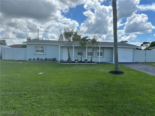 single story home with driveway, a garage, fence, a front lawn, and brick siding