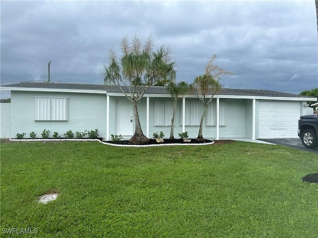 ranch-style house with a front lawn, an attached garage, brick siding, and aphalt driveway