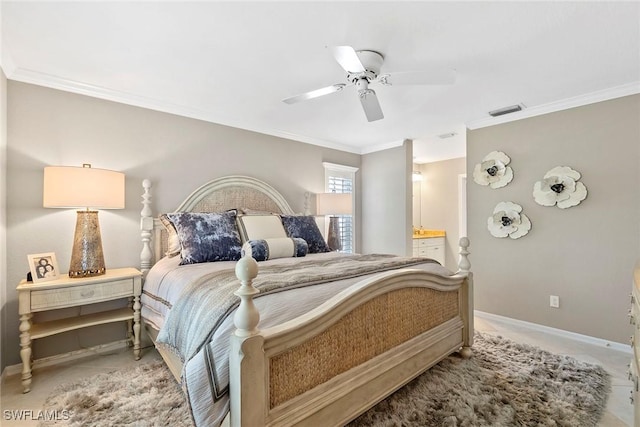 bedroom with ceiling fan, visible vents, baseboards, ornamental molding, and ensuite bath