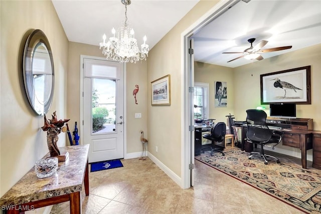 foyer featuring baseboards, light tile patterned flooring, a ceiling fan, and a healthy amount of sunlight