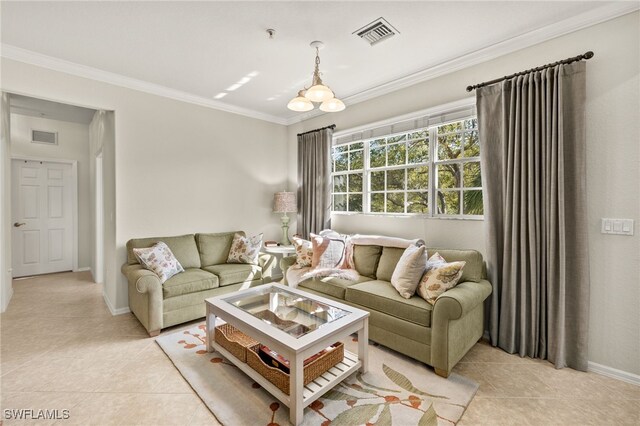 living room with visible vents, crown molding, and light tile patterned flooring