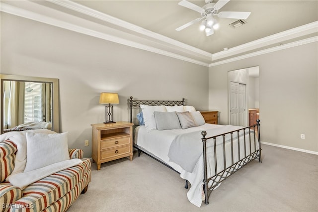 bedroom with light colored carpet, a ceiling fan, baseboards, visible vents, and crown molding