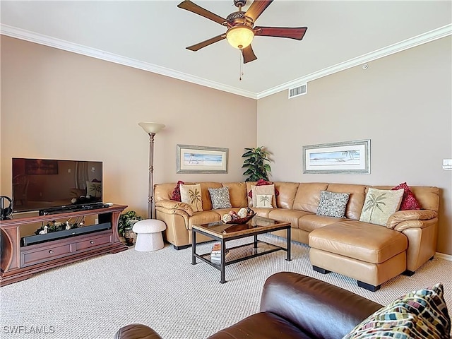 8096 Queen Palm Ln Unit 227, Fort Myers, FL 33966 - living room featuring a ceiling fan, visible vents, carpet floors, and ornamental molding