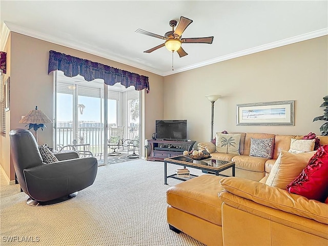 8096 Queen Palm Ln Unit 227, Fort Myers, FL 33966 - carpeted living area with ceiling fan and ornamental molding