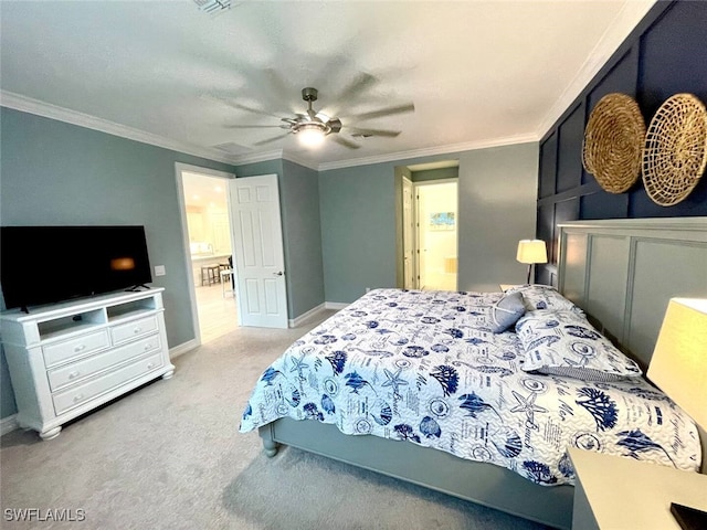 bedroom featuring carpet, crown molding, baseboards, and ceiling fan