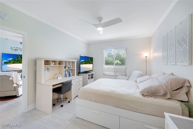 bedroom featuring baseboards, a ceiling fan, and crown molding