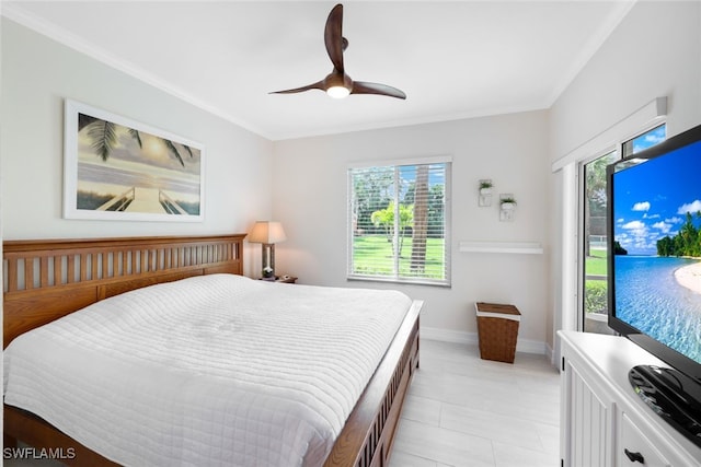 bedroom featuring access to outside, light tile patterned flooring, crown molding, and baseboards