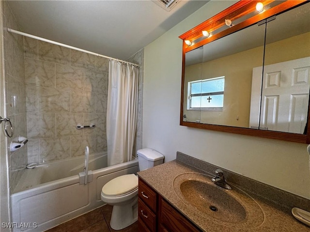 bathroom featuring visible vents, toilet, shower / tub combo, vanity, and tile patterned floors