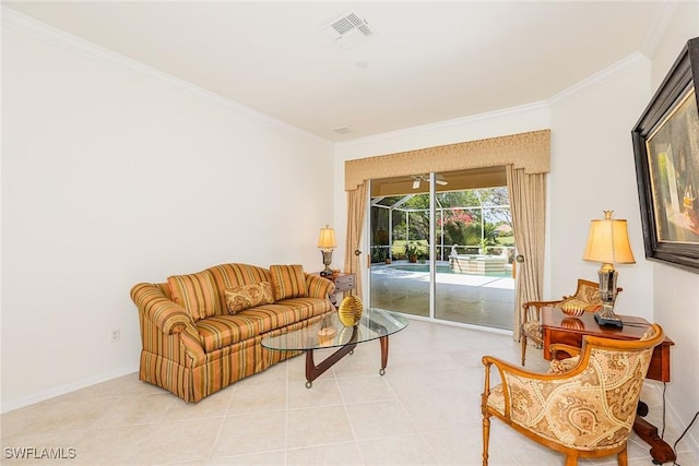 living room featuring light tile patterned floors, baseboards, visible vents, a sunroom, and crown molding