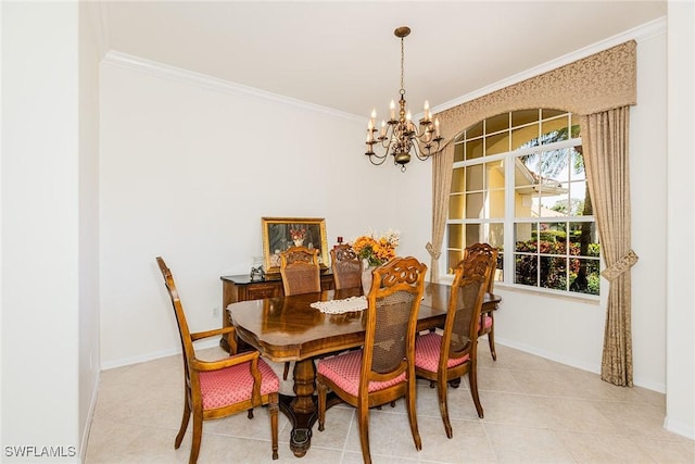 dining space with crown molding, an inviting chandelier, and light tile patterned floors