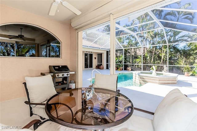 8880 Lely Island Cir, Naples, FL 34113 - exterior space with an outdoor pool, outdoor dining area, a ceiling fan, area for grilling, and an in ground hot tub