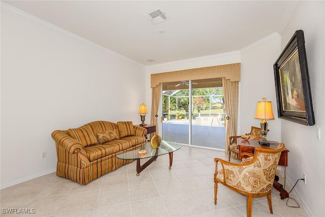 8880 Lely Island Cir, Naples, FL 34113 - living area featuring baseboards, visible vents, and ornamental molding