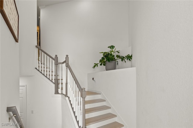 staircase with a high ceiling