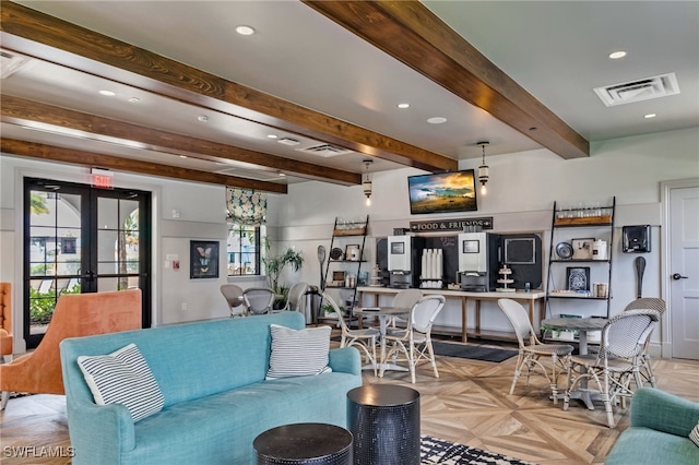 living area with recessed lighting, visible vents, beam ceiling, and french doors