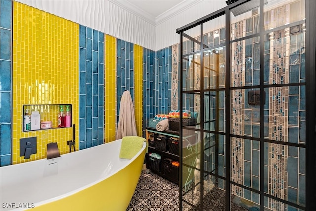 2227 Dancy St, Naples, FL 34120 - bathroom with ornamental molding, a soaking tub, and tile walls