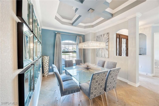 dining area featuring light tile patterned floors, baseboards, ornamental molding, and coffered ceiling