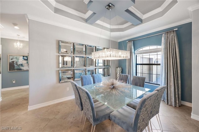 tiled dining space featuring a notable chandelier, a high ceiling, coffered ceiling, baseboards, and crown molding