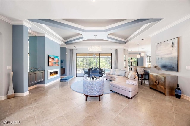 living area featuring baseboards, coffered ceiling, a glass covered fireplace, crown molding, and light tile patterned flooring