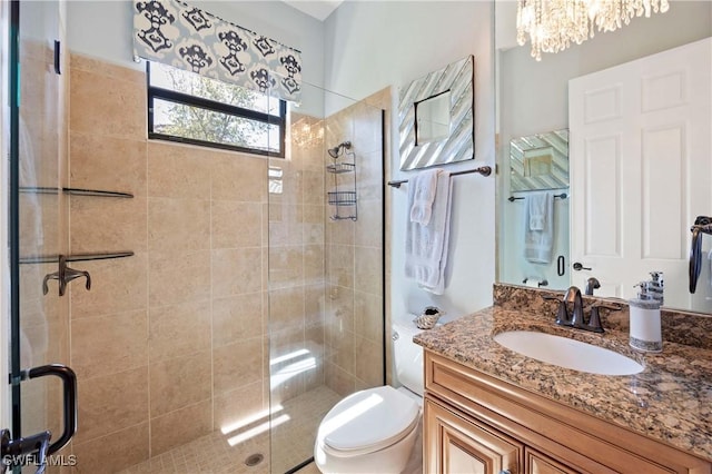 bathroom featuring toilet, a shower stall, and vanity