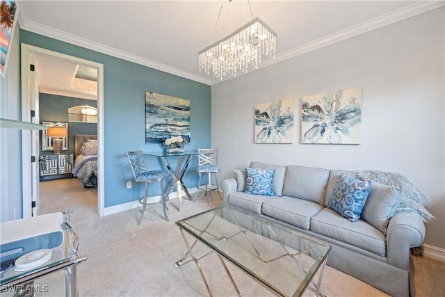 carpeted living area featuring a chandelier, baseboards, and crown molding