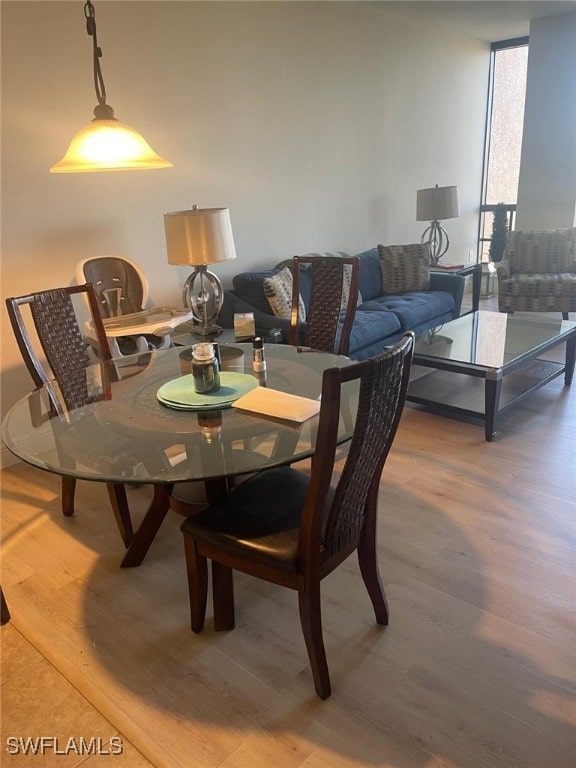 dining space featuring expansive windows and light wood-style floors