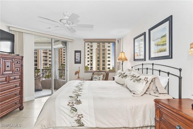 bedroom featuring light tile patterned floors, access to outside, and ceiling fan