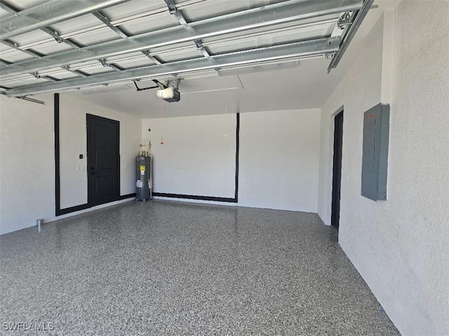 garage featuring electric panel, a garage door opener, and water heater