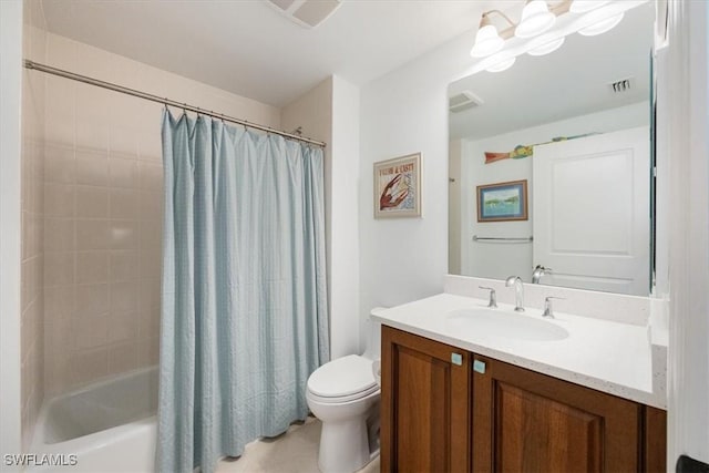 bathroom featuring toilet, visible vents, shower / tub combo with curtain, and vanity