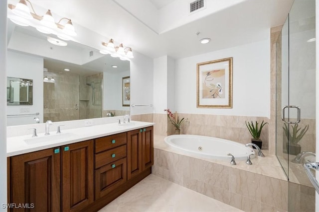 bathroom featuring double vanity, visible vents, a sink, a shower stall, and a tub with jets