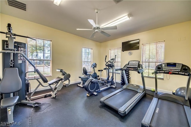 workout area featuring baseboards, visible vents, and a ceiling fan