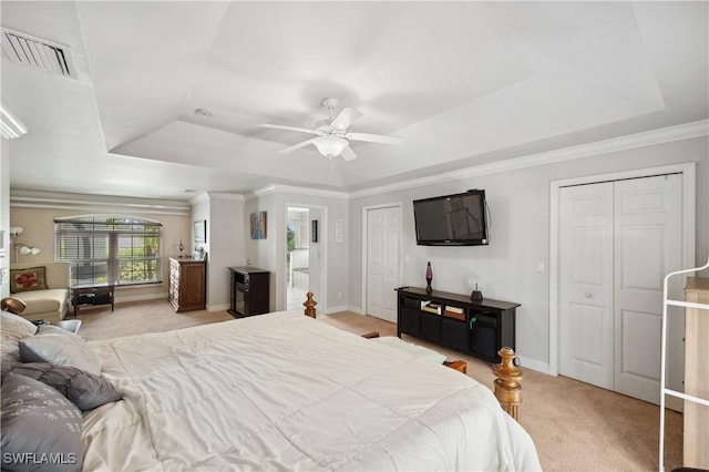 bedroom featuring visible vents, multiple closets, a raised ceiling, and light carpet