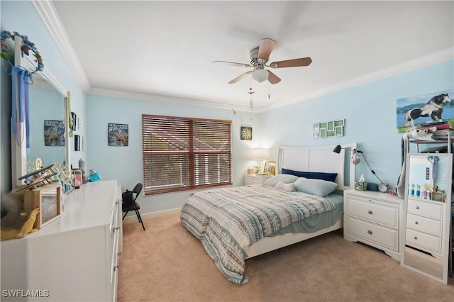 bedroom with multiple windows, light colored carpet, ornamental molding, and a ceiling fan