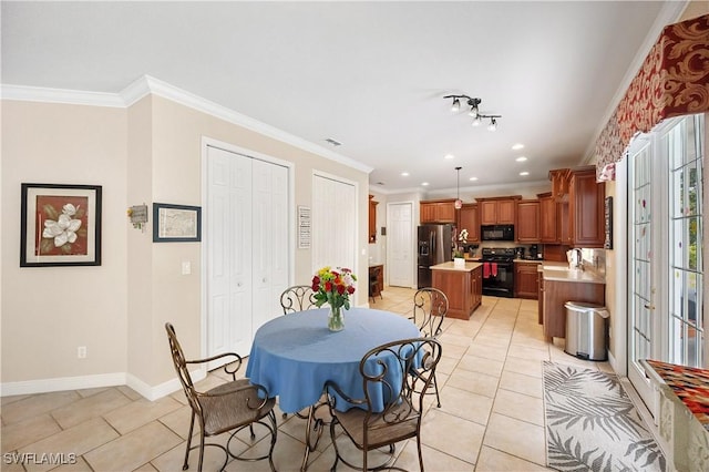 dining area with recessed lighting, baseboards, ornamental molding, and light tile patterned flooring