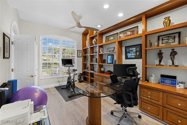 home office with baseboards, light wood finished floors, a ceiling fan, and recessed lighting