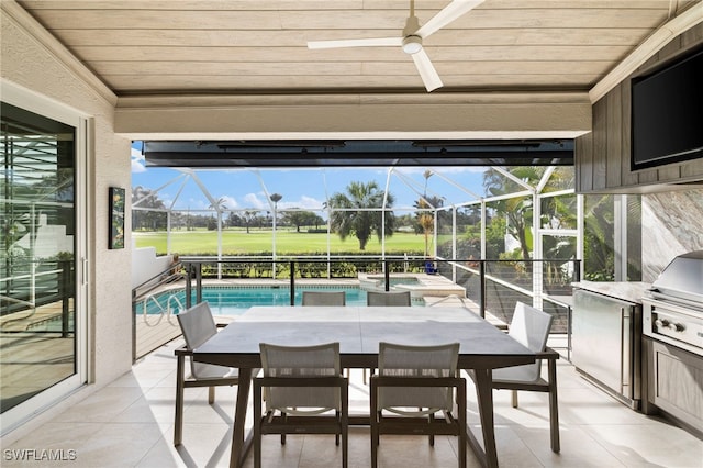 sunroom / solarium with a swimming pool, wood ceiling, and a ceiling fan