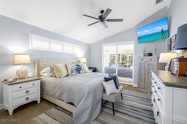 bedroom with visible vents, light wood-style flooring, vaulted ceiling, ceiling fan, and access to outside