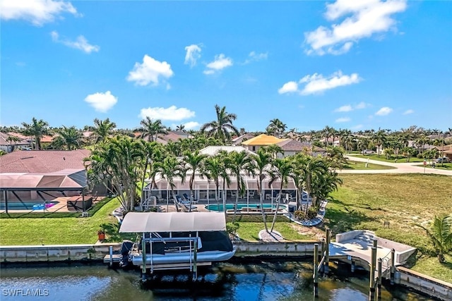 dock area featuring glass enclosure, a water view, an outdoor pool, and boat lift