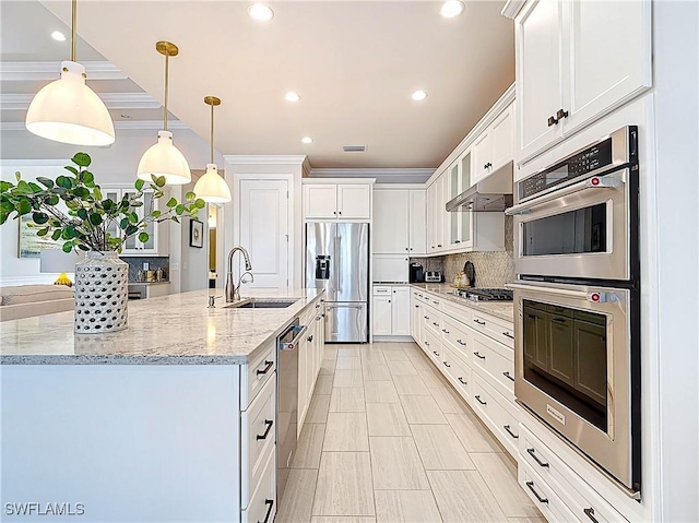 kitchen featuring decorative backsplash, appliances with stainless steel finishes, crown molding, under cabinet range hood, and a sink