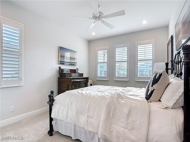 bedroom with carpet floors, recessed lighting, a ceiling fan, and baseboards