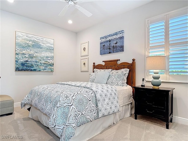 bedroom featuring recessed lighting, carpet, a ceiling fan, and baseboards