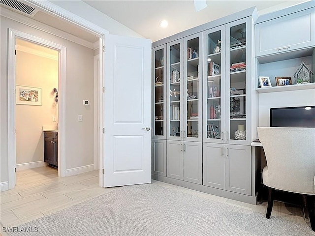 home office with light wood-style floors, recessed lighting, visible vents, and baseboards