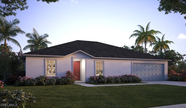 ranch-style house with an attached garage, driveway, a front lawn, and stucco siding