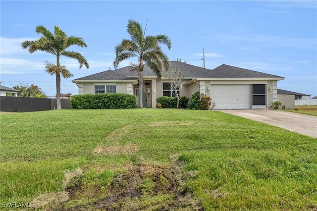 single story home with stucco siding, concrete driveway, an attached garage, fence, and a front lawn