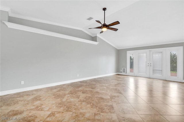 tiled spare room featuring lofted ceiling, visible vents, baseboards, french doors, and ornamental molding