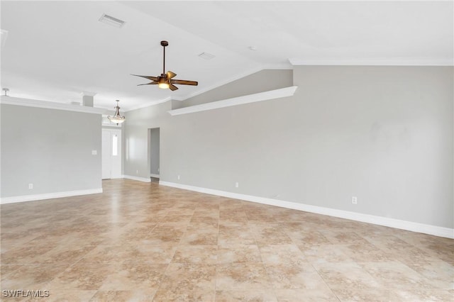 empty room featuring ceiling fan, visible vents, baseboards, vaulted ceiling, and ornamental molding